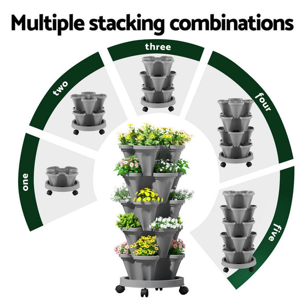 Green Fingers Raised Garden Bed 5 Tier Vertical Garden Grey Strawberry Stackable Planters Herbs Petunias Awezingly
