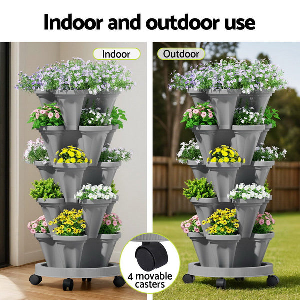 Green Fingers Raised Garden Bed 5 Tier Vertical Garden Grey Strawberry Stackable Planters Herbs Petunias Awezingly