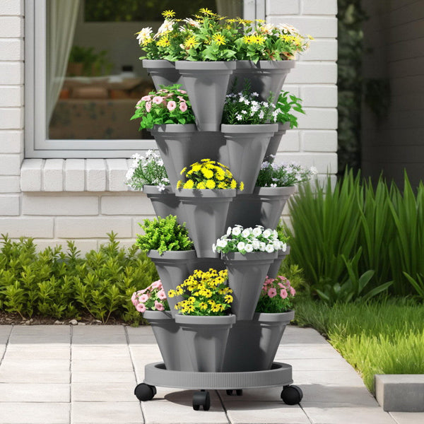Green Fingers Raised Garden Bed 5 Tier Vertical Garden Grey Strawberry Stackable Planters Herbs Petunias Awezingly