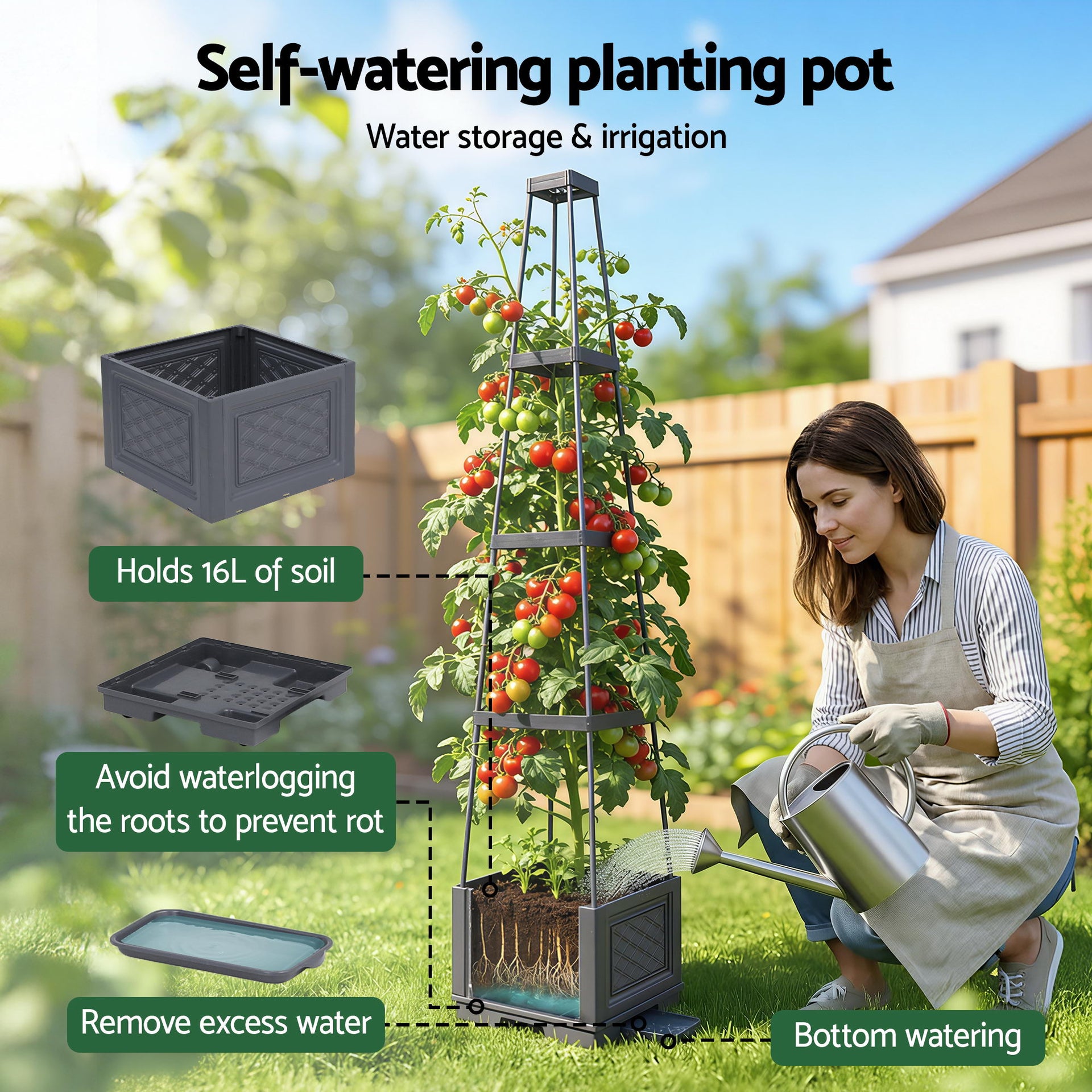 Green Fingers Self Watering Planter with Trellis Adjustable Height Modular Tomato Box 4 Layer 140cm Awezingly
