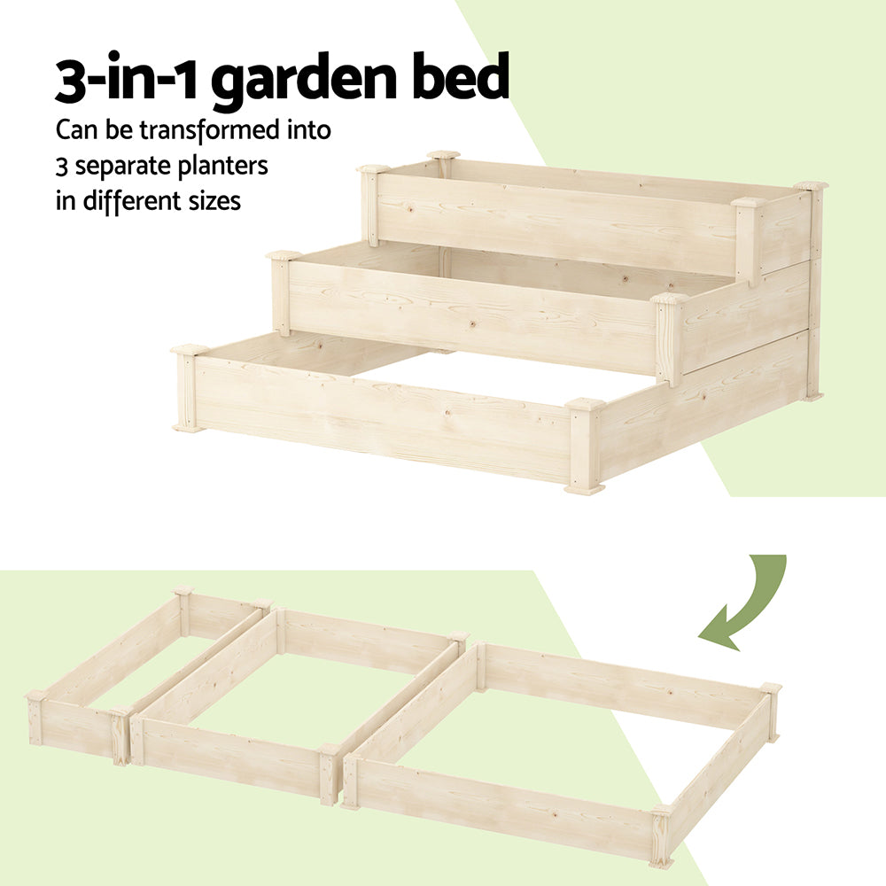 Green Fingers 3-Tier Wooden Raised Garden Bed Elevated Ground Vegetable Planter Box Greenfingers