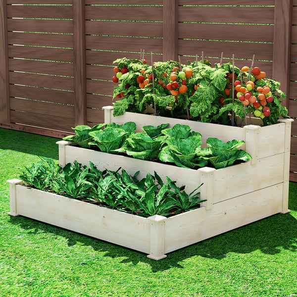 Green Fingers 3-Tier Wooden Raised Garden Bed Elevated Ground Vegetable Planter Box Greenfingers
