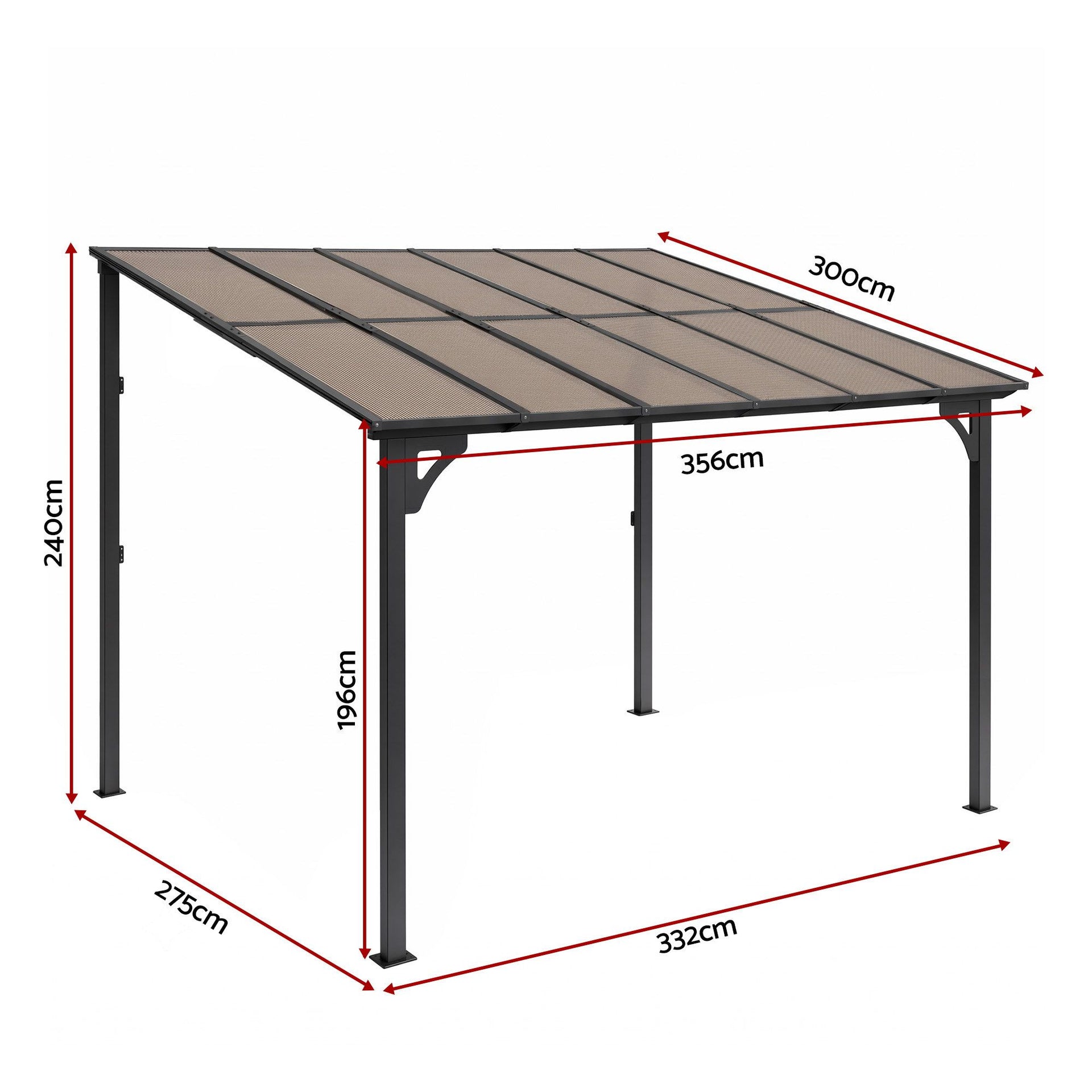 Instahut Gazebo Lean-To Pergola Garden Patio Polycarbonate 356cm X 275cm Brown Awezingly