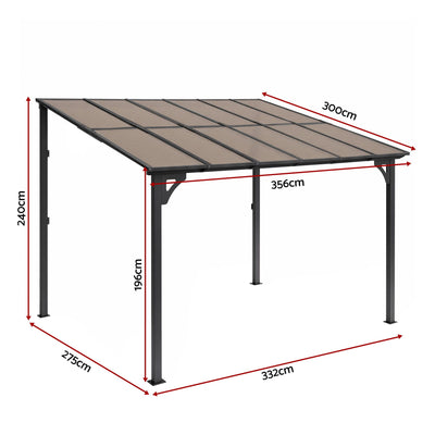 Instahut Gazebo Lean-To Pergola Garden Patio Polycarbonate 356cm X 275cm Brown