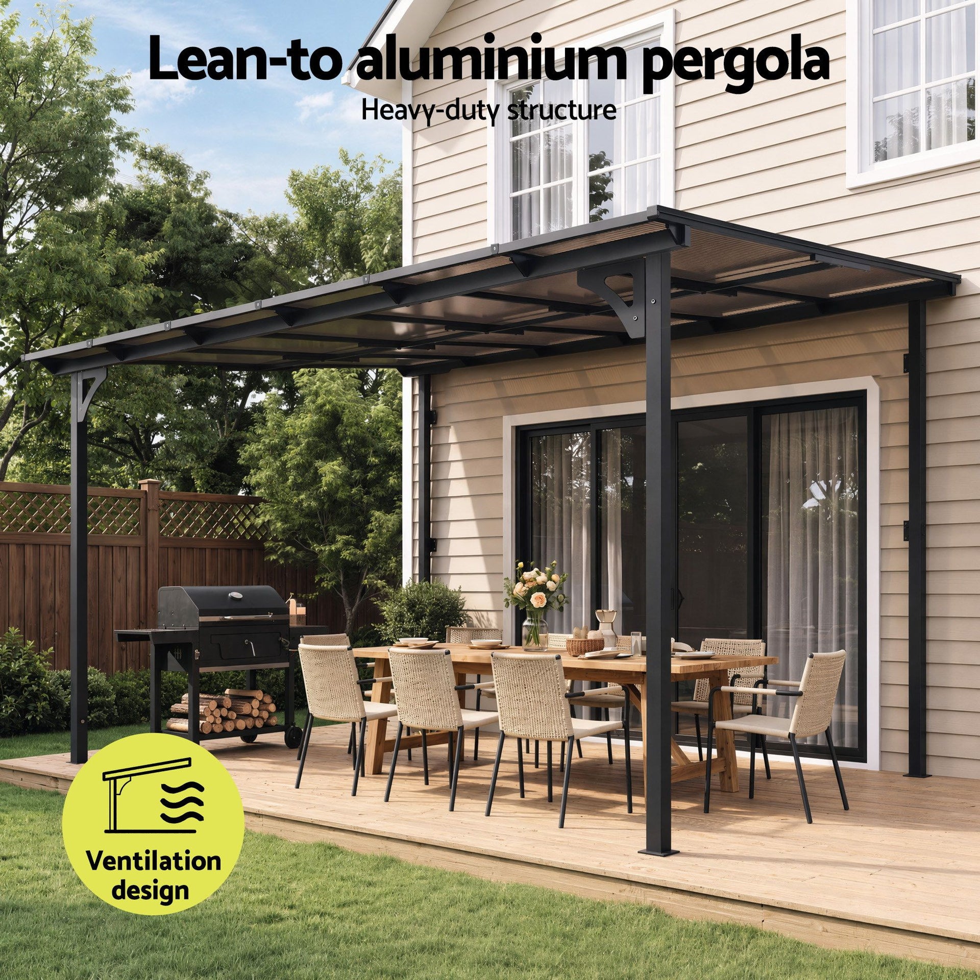 Instahut Gazebo Lean-To Pergola Garden Patio Polycarbonate 356cm X 275cm Brown Awezingly