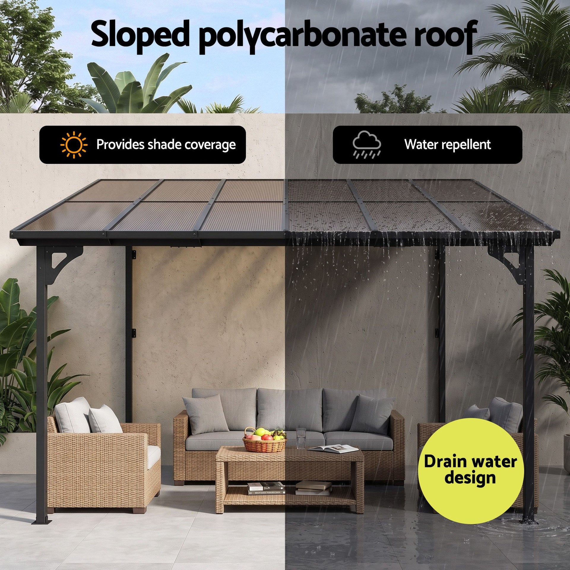 Instahut Gazebo Lean-To Pergola Garden Patio Polycarbonate 356cm X 275cm Brown Awezingly