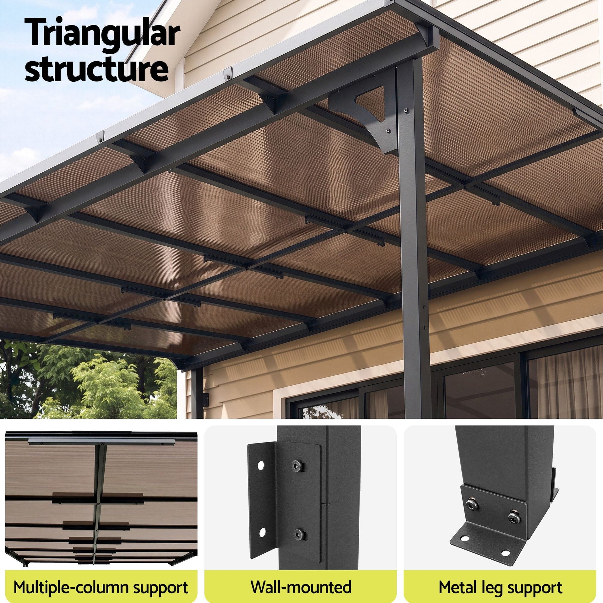 Instahut Gazebo Lean-To Pergola Garden Patio Polycarbonate 356cm X 275cm Brown Awezingly