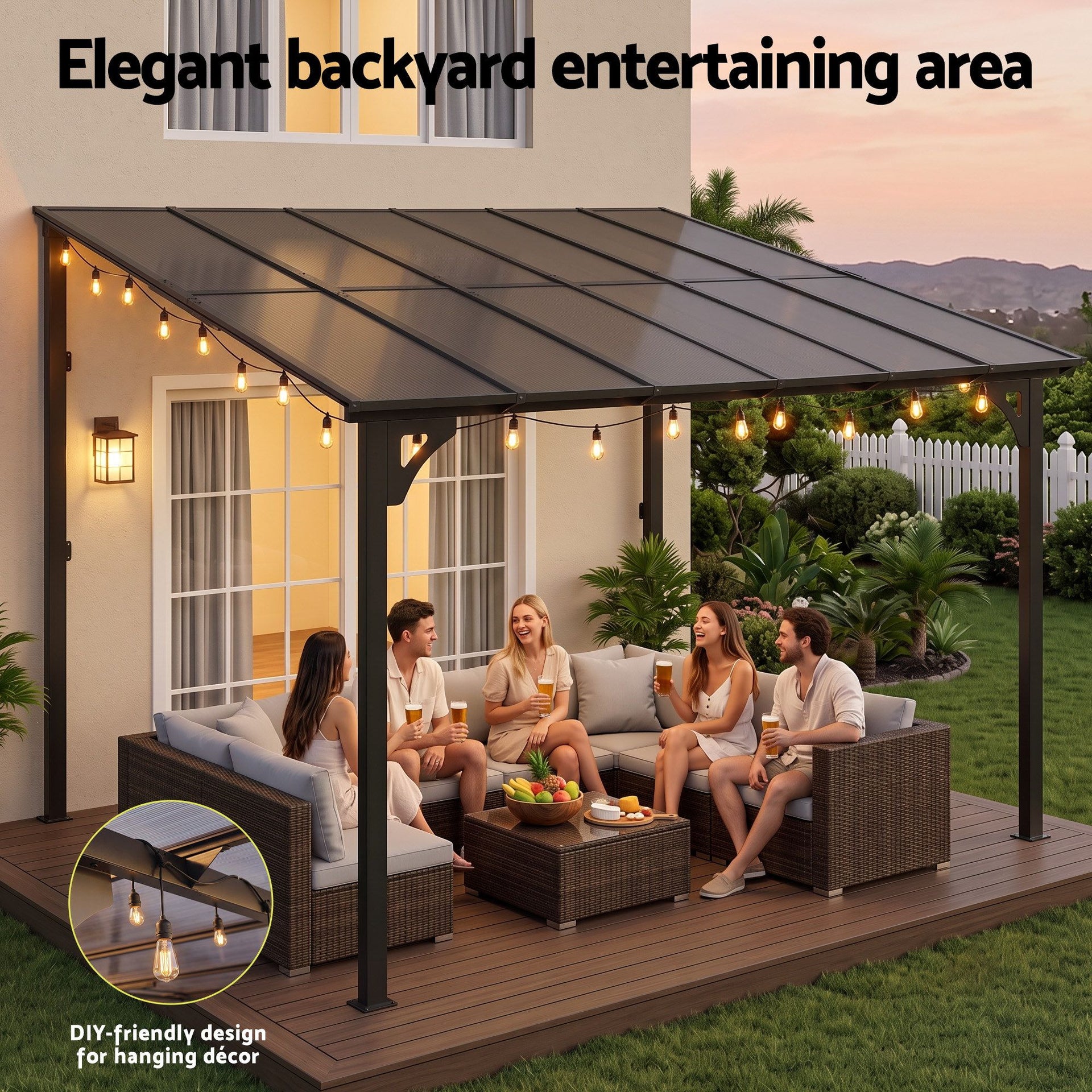 Instahut Gazebo Lean-To Pergola Garden Patio Polycarbonate 356cm X 275cm Brown Awezingly