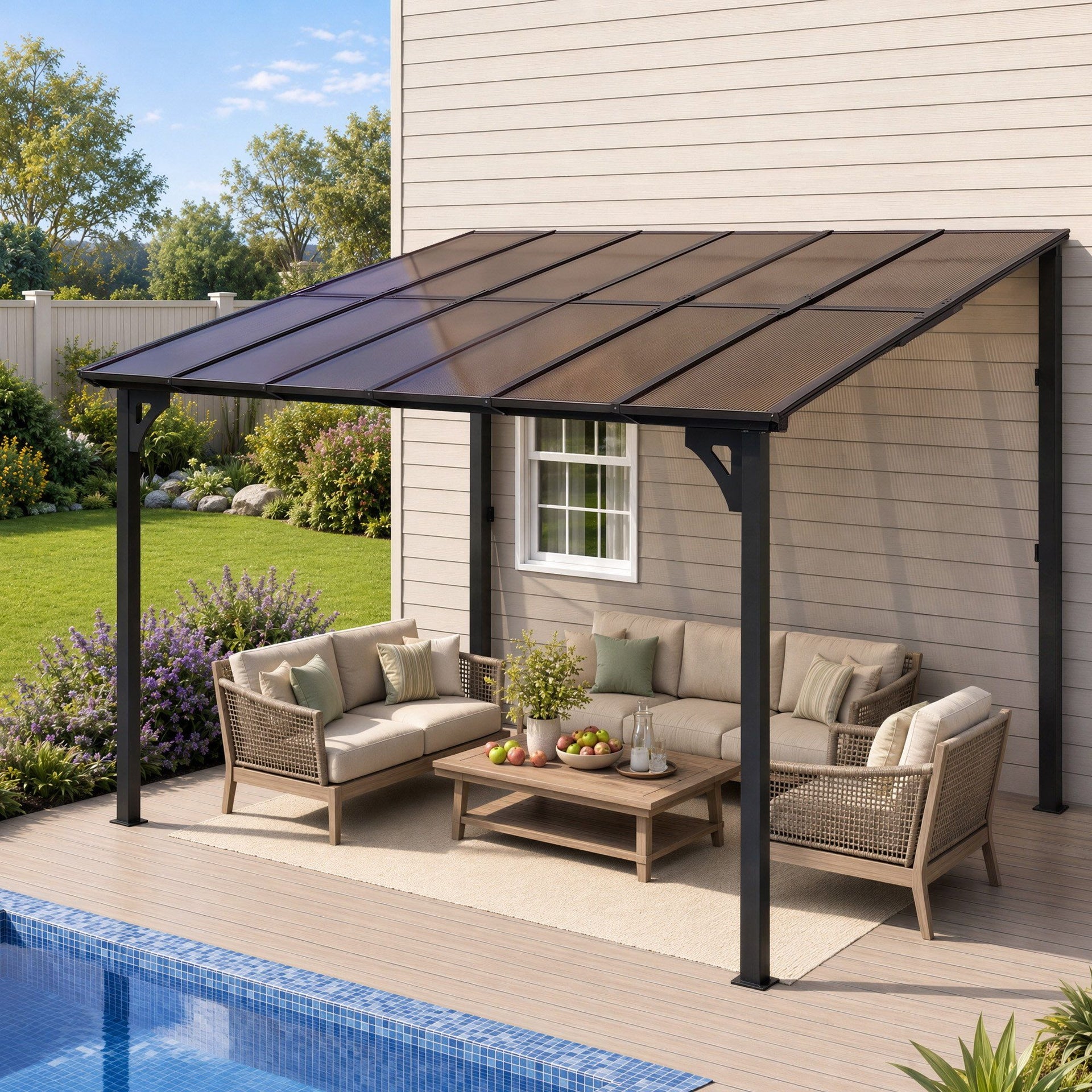 Instahut Gazebo Lean-To Pergola Garden Patio Polycarbonate 356cm X 275cm Brown Awezingly