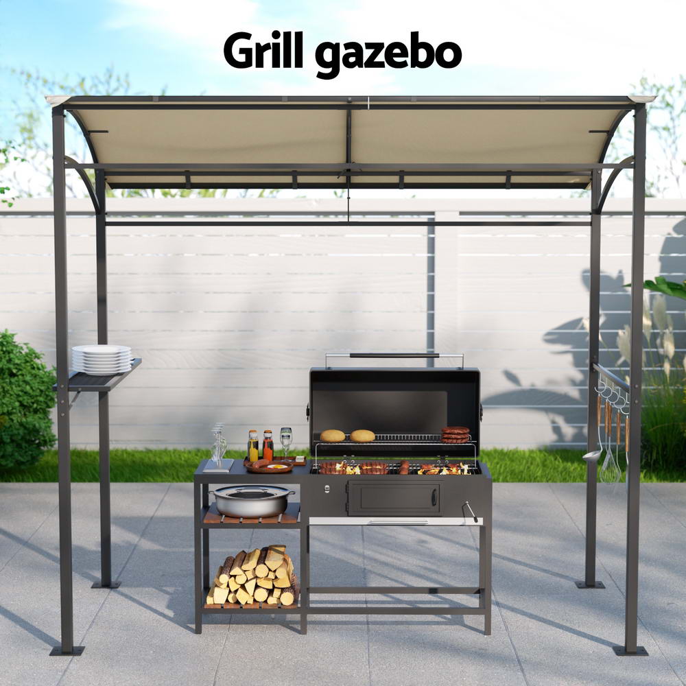 Instahut Gazebo Outdoor BBQ Grill Patio Garden Marquee Shade Shelter Shelf Hooks Beige Instahut