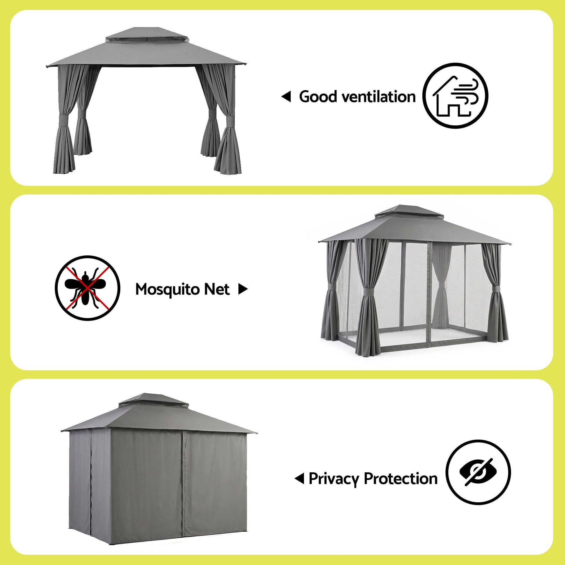Instahut Gazebo 3x3m Canopy Outdoor Steel Frame Patio Tent Curtains Marquee Grey instahut