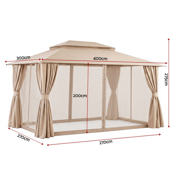 Instahut Gazebo 3x4m Canopy Outdoor Steel Frame Patio Tent Curtains Marquee Beige instahut