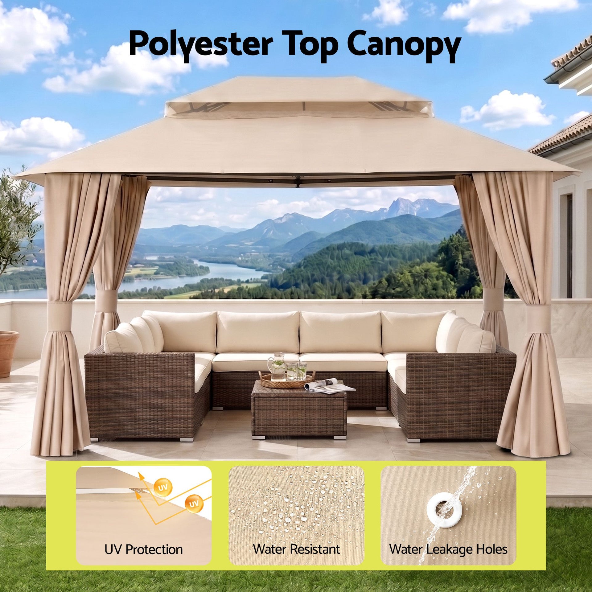 Instahut Gazebo 3x4m Canopy Outdoor Steel Frame Patio Tent Curtains Marquee Beige instahut