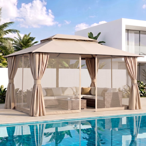 Instahut Gazebo 3x4m Canopy Outdoor Steel Frame Patio Tent Curtains Marquee Beige instahut