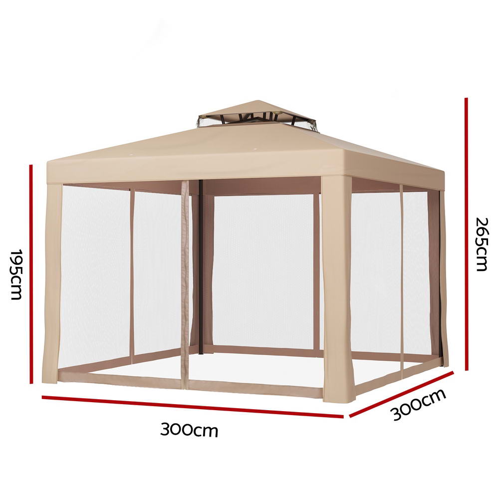 Instahut Gazebo Marquee 3m Outdoor Event Tent Camping Party Mesh Wall Canopy Brown Instahut