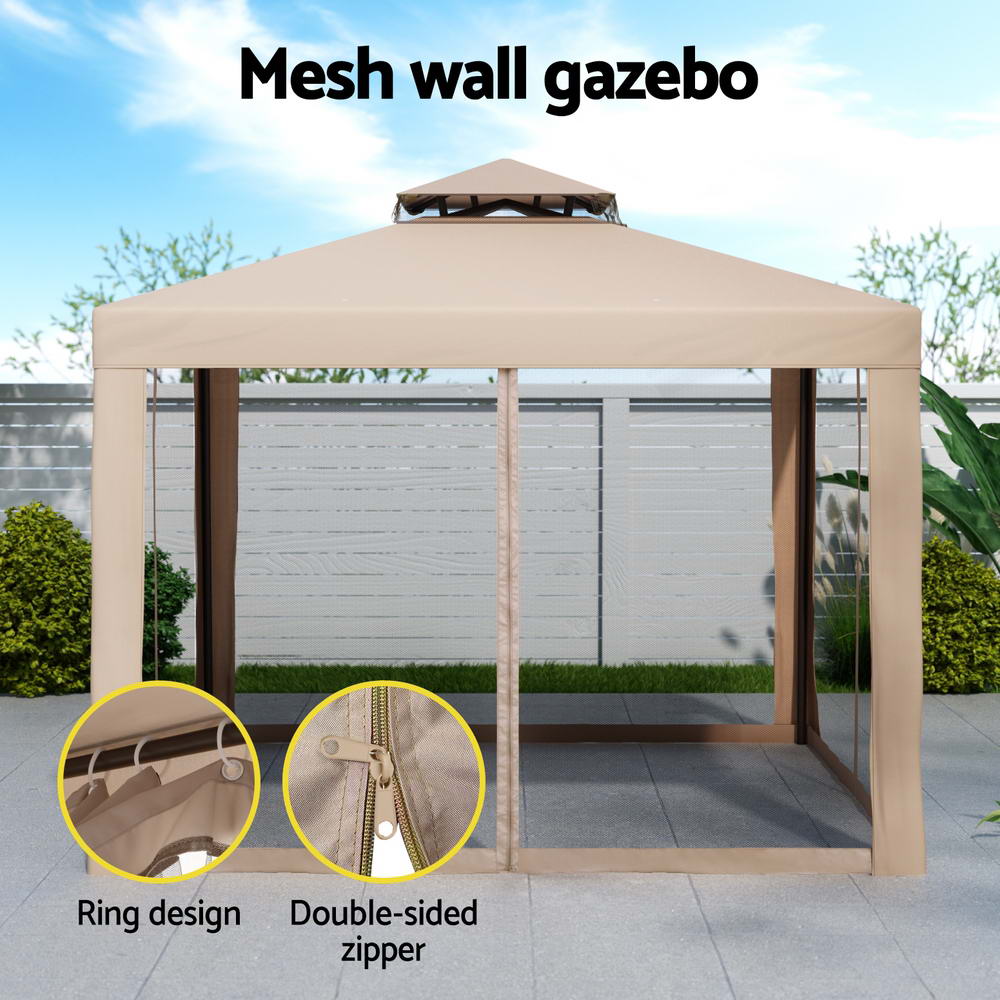 Instahut Gazebo Marquee 3m Outdoor Event Tent Camping Party Mesh Wall Canopy Brown Instahut