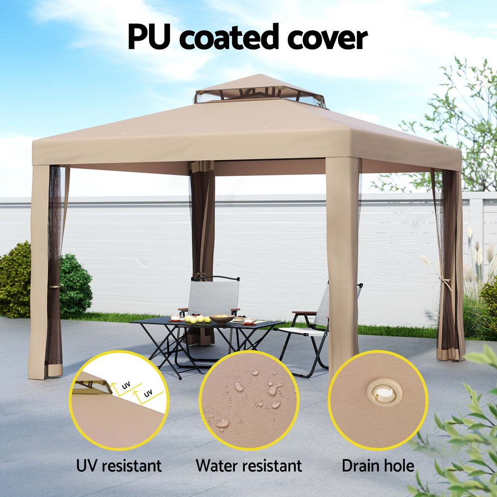 Instahut Gazebo Marquee 3m Outdoor Event Tent Camping Party Mesh Wall Canopy Brown Instahut