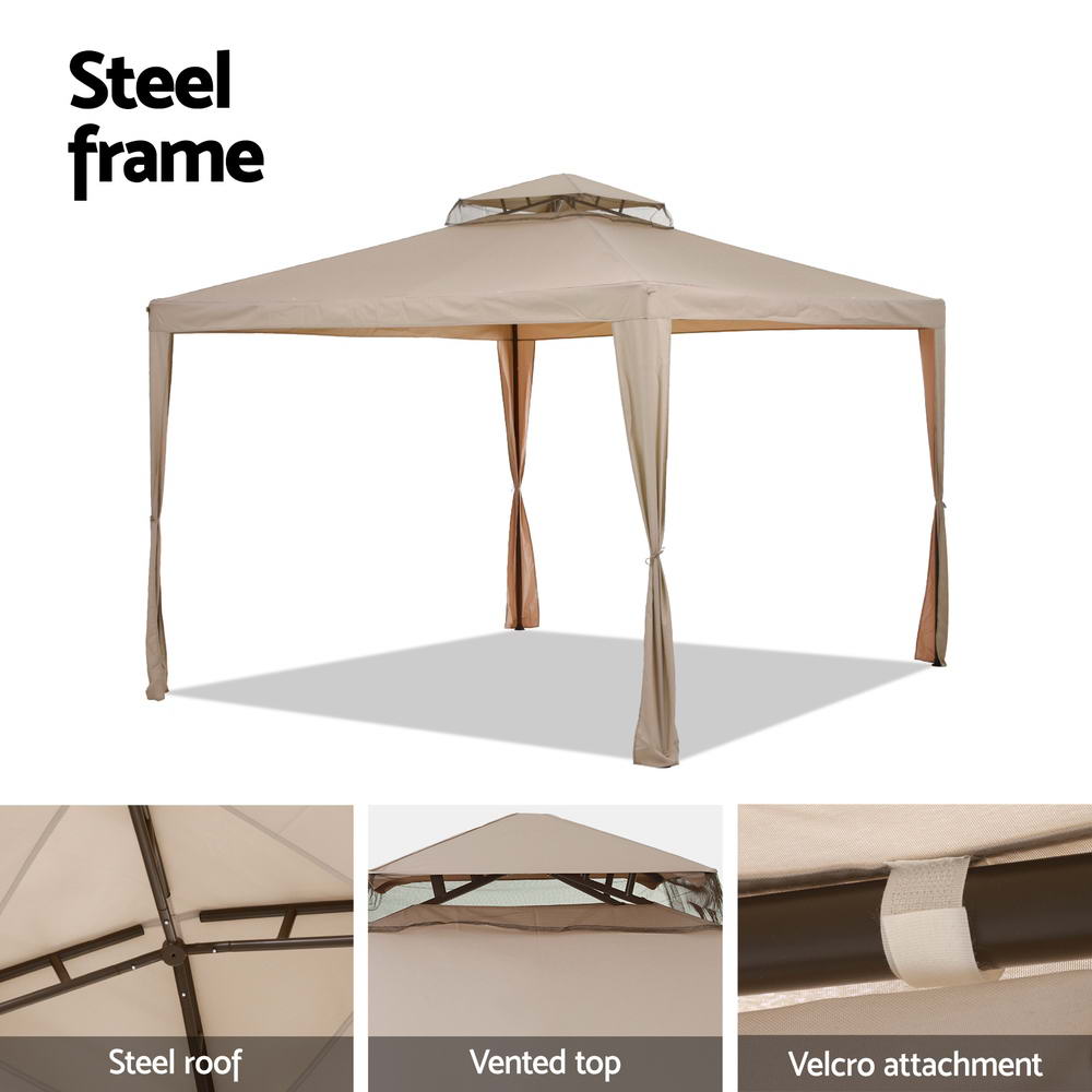 Instahut Gazebo Marquee 3m Outdoor Event Tent Camping Party Mesh Wall Canopy Brown Instahut
