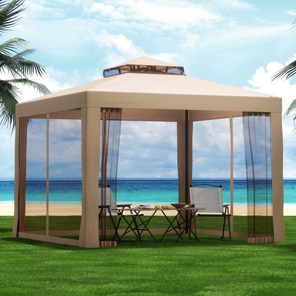 Instahut Gazebo Marquee 3m Outdoor Event Tent Camping Party Mesh Wall Canopy Brown Instahut