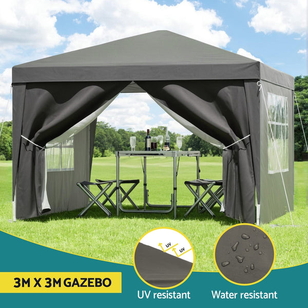 Instahut Gazebo 3x3 Pop Up Marquee Folding Tent Wedding Gazebos Camping Outdoor Shade Canopy Gray Awezingly