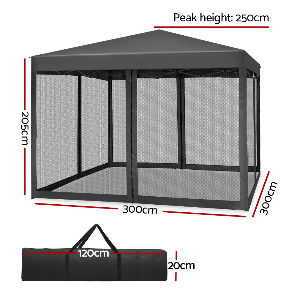 Instahut Gazebo Pop Up Marquee 3x3m Wedding Party Outdoor Camping Tent Canopy Shade Mesh Wall Grey Awezingly