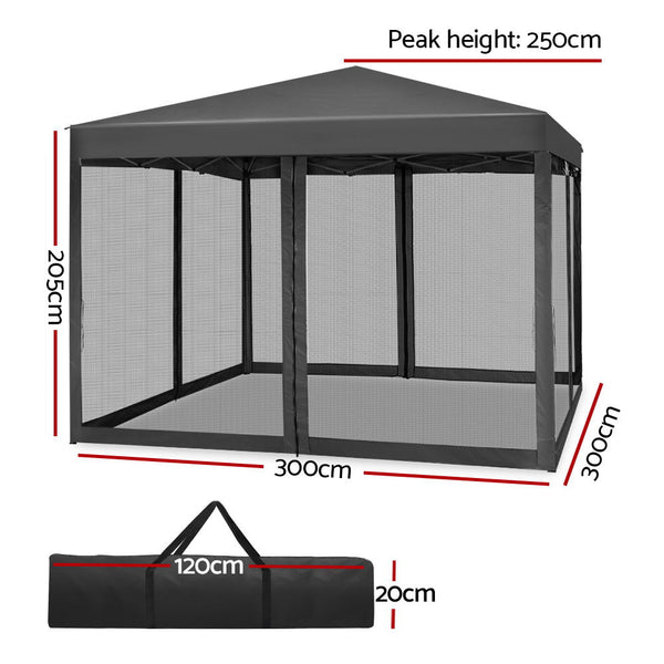 Instahut Gazebo Pop Up Marquee 3x3m Wedding Party Outdoor Camping Tent Canopy Shade Mesh Wall Grey Awezingly