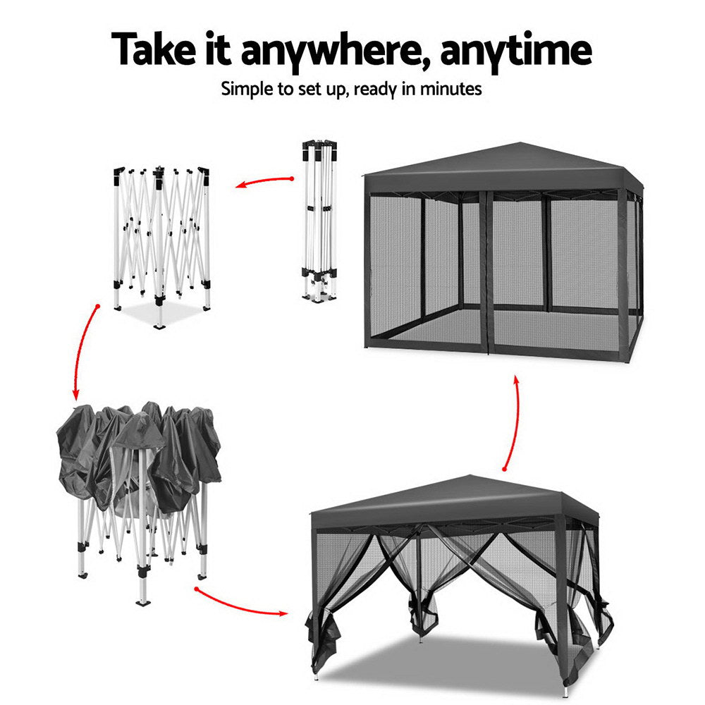 Instahut Gazebo Pop Up Marquee 3x3m Wedding Party Outdoor Camping Tent Canopy Shade Mesh Wall Grey Awezingly