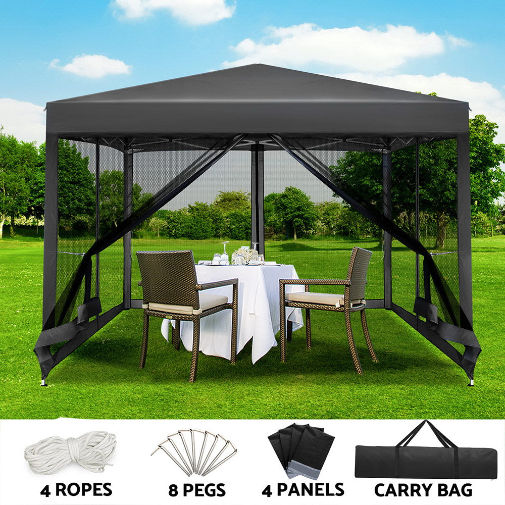 Instahut Gazebo Pop Up Marquee 3x3m Wedding Party Outdoor Camping Tent Canopy Shade Mesh Wall Grey Awezingly