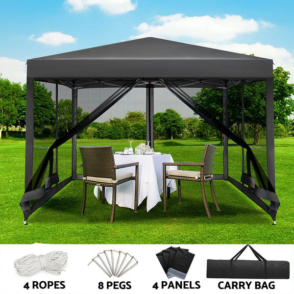 Instahut Gazebo Pop Up Marquee 3x3m Wedding Party Outdoor Camping Tent Canopy Shade Mesh Wall Grey Awezingly