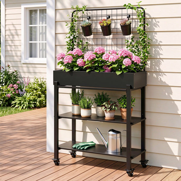 Green Fingers Mobile Raised Garden Bed with Trellis & Shelves Dark Grey Awezingly