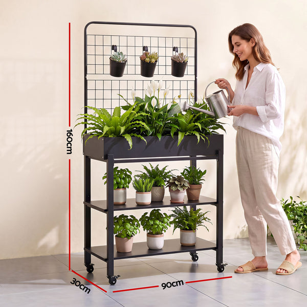 Green Fingers Mobile Raised Garden Bed with Trellis & Shelves Dark Grey Awezingly