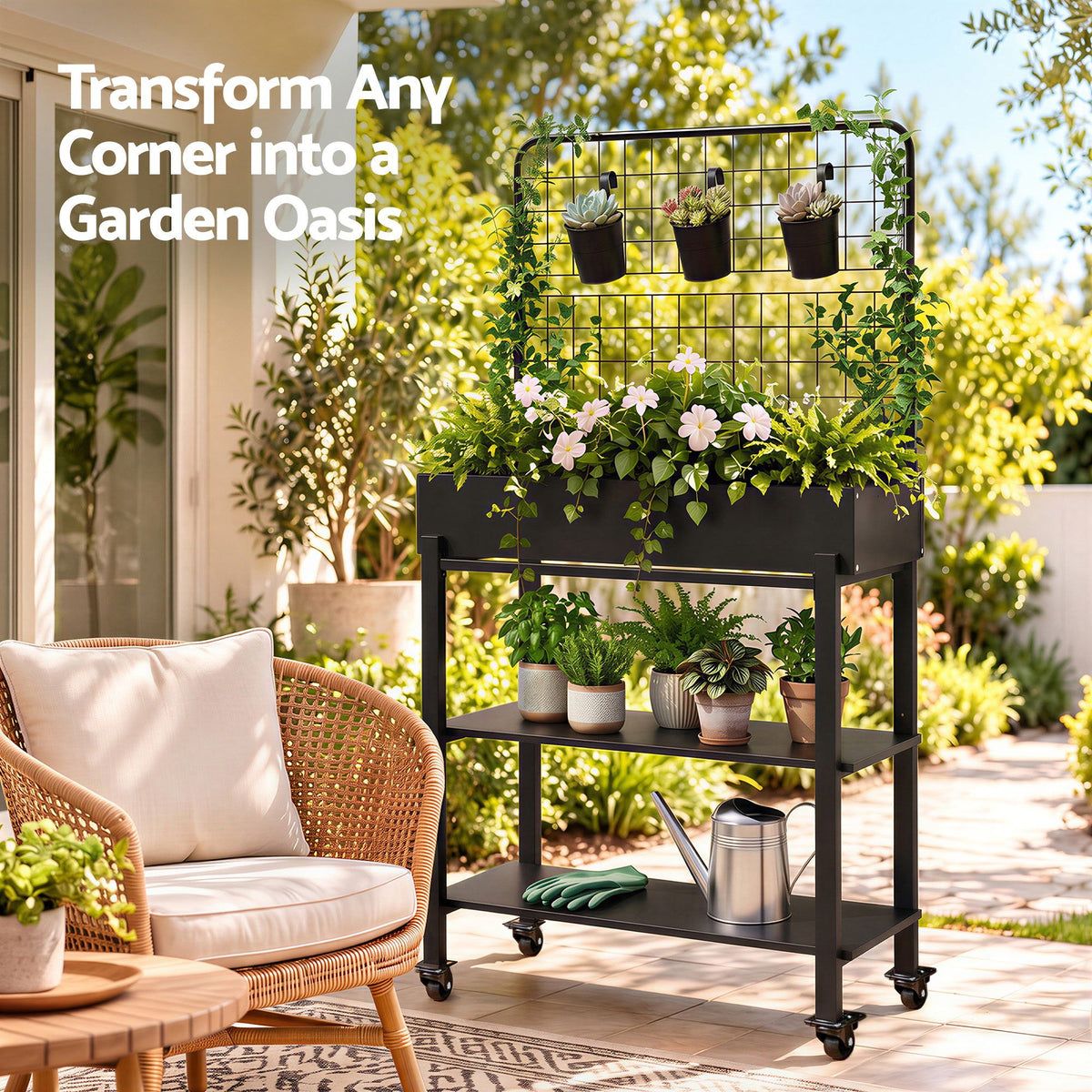 Green Fingers Mobile Raised Garden Bed with Trellis & Shelves Dark Grey Awezingly