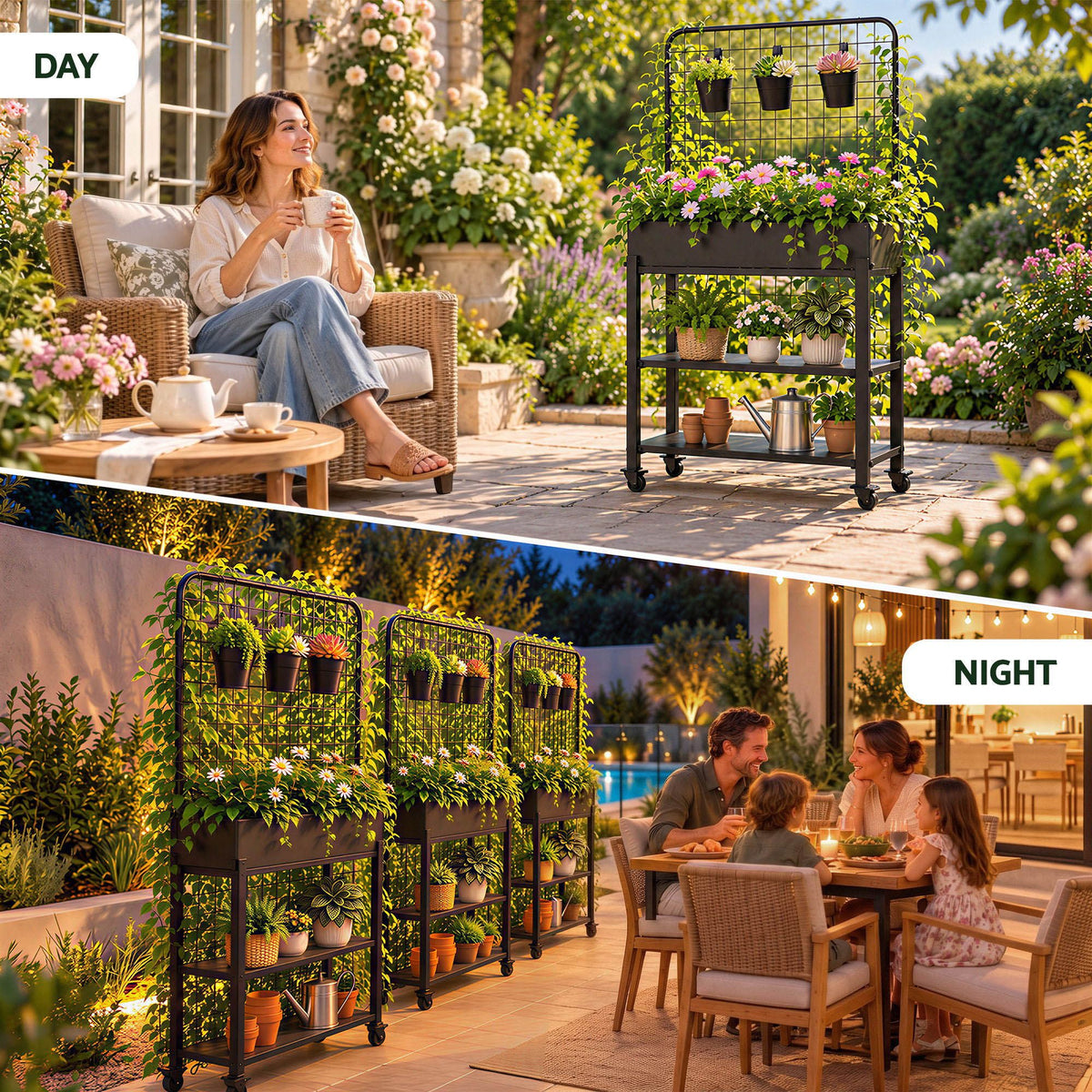 Green Fingers Mobile Raised Garden Bed with Trellis & Shelves Dark Grey Awezingly
