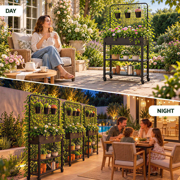 Green Fingers Mobile Raised Garden Bed with Trellis & Shelves Dark Grey Awezingly