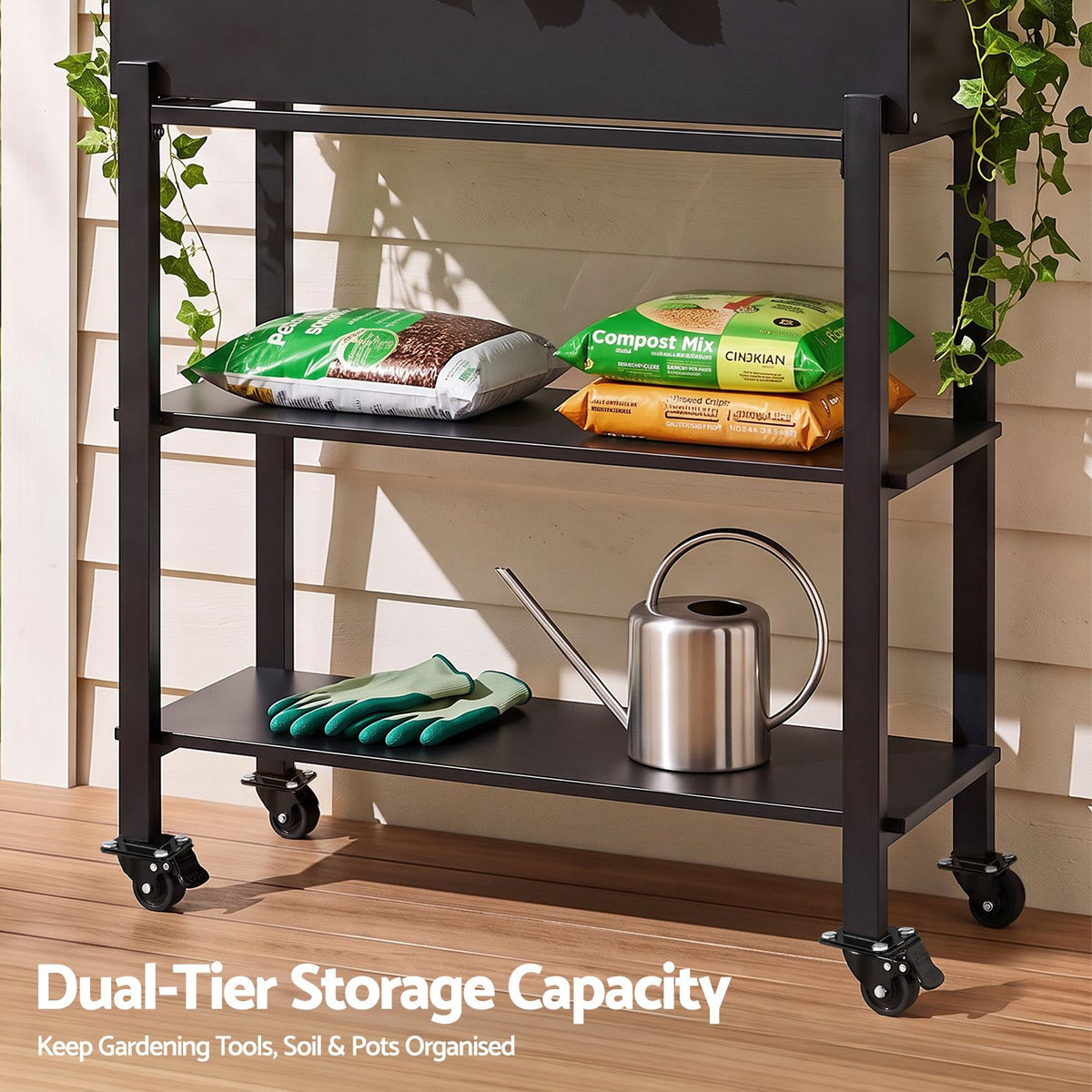 Green Fingers Mobile Raised Garden Bed with Trellis & Shelves Dark Grey Awezingly