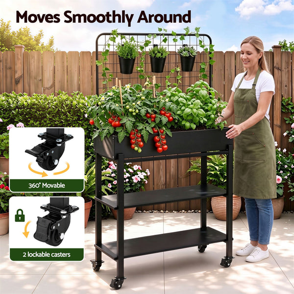 Green Fingers Mobile Raised Garden Bed with Trellis & Shelves Dark Grey Awezingly
