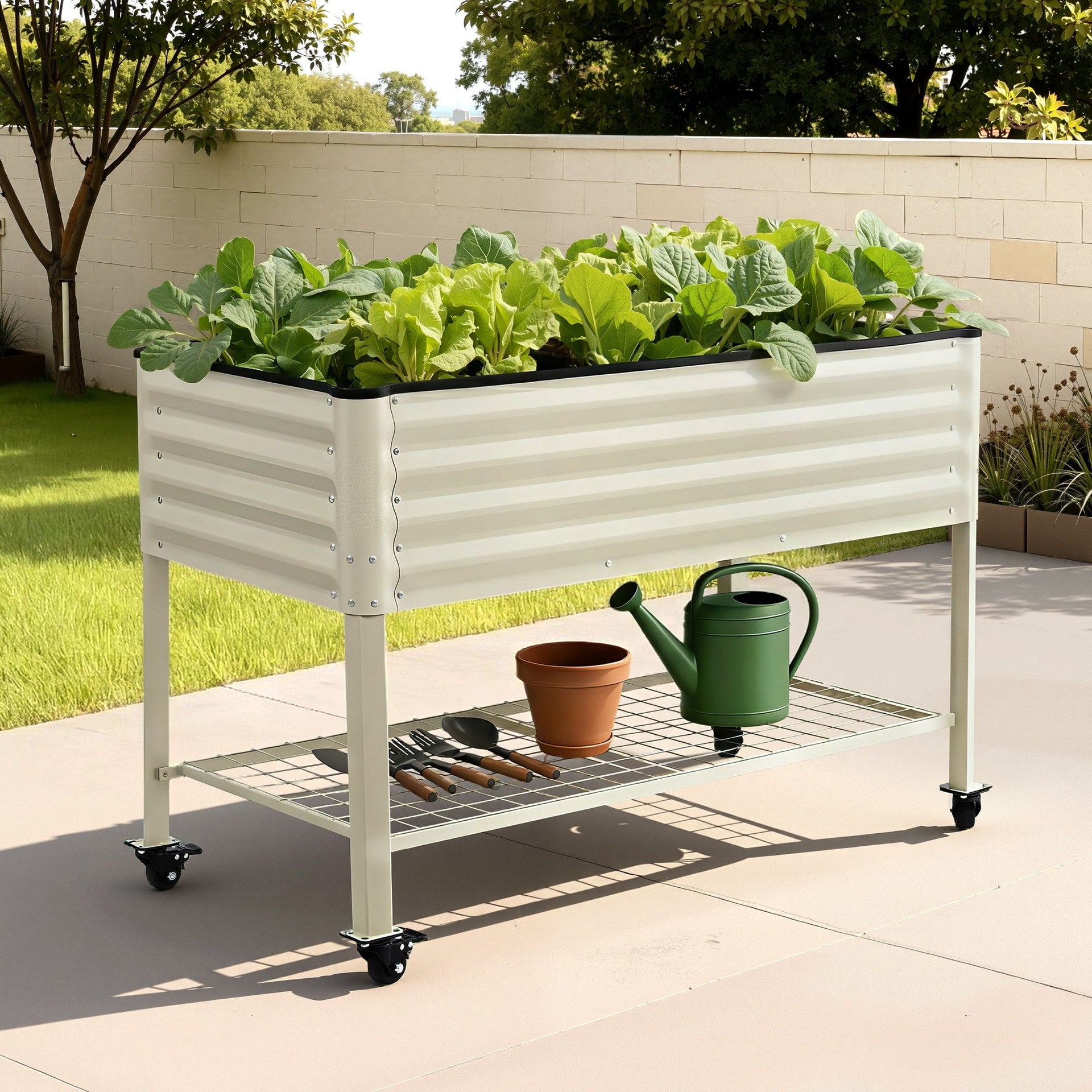 Green Fingers Mobile Raised Garden Bed With Wheels Storage Shelf 81cm Height for Vegetables Herb White Awezingly