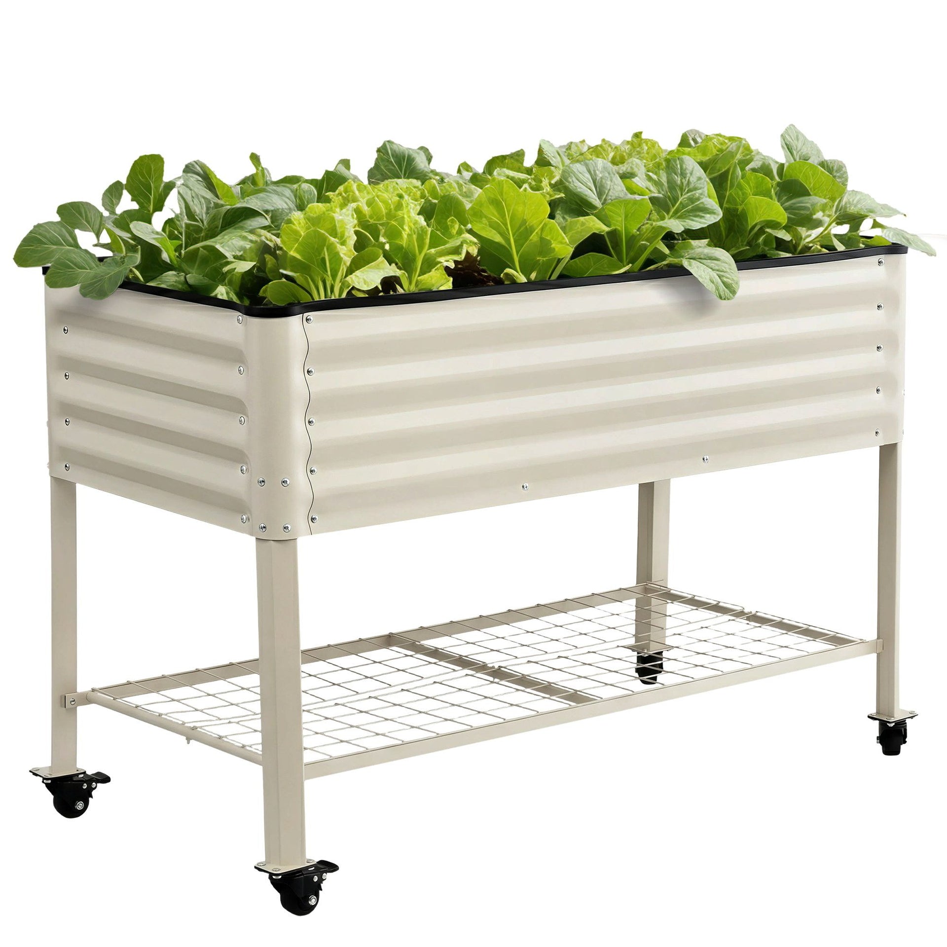 Green Fingers Mobile Raised Garden Bed With Wheels Storage Shelf 81cm Height for Vegetables Herb White Awezingly