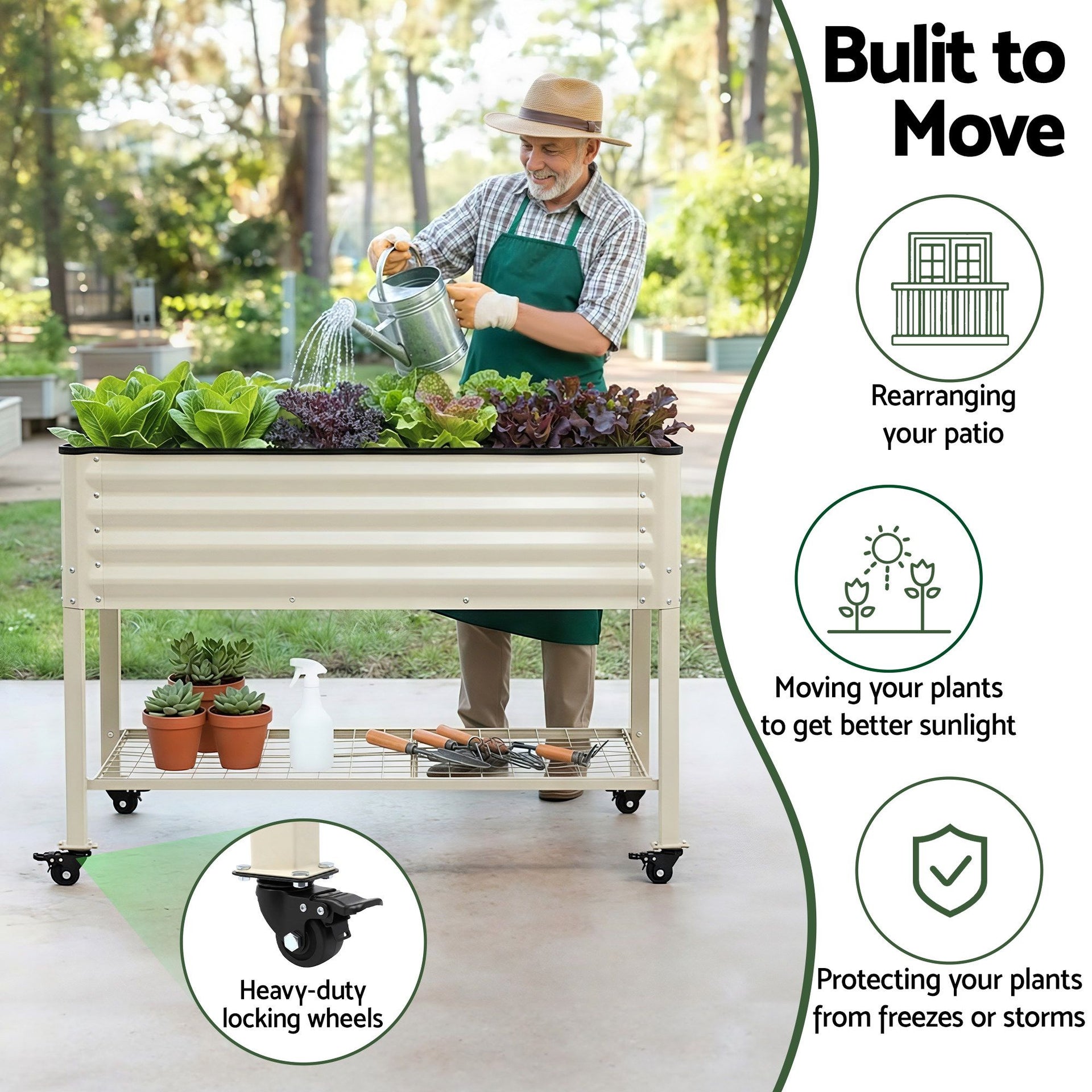 Green Fingers Mobile Raised Garden Bed With Wheels Storage Shelf 81cm Height for Vegetables Herb White Awezingly