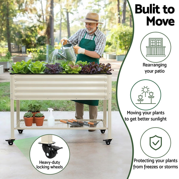 Green Fingers Mobile Raised Garden Bed With Wheels Storage Shelf 81cm Height for Vegetables Herb White Awezingly