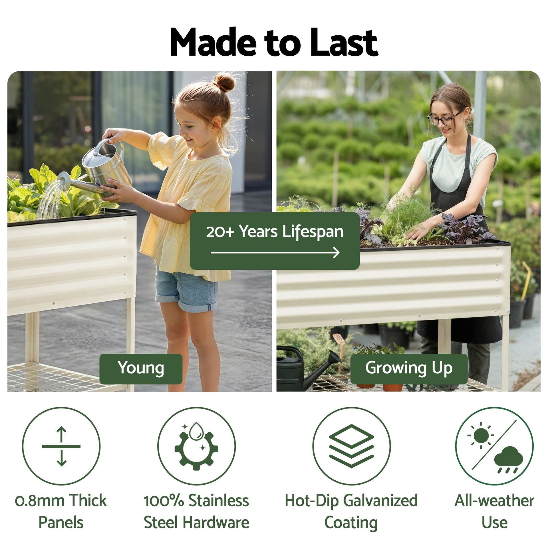 Green Fingers Mobile Raised Garden Bed With Wheels Storage Shelf 81cm Height for Vegetables Herb White Awezingly