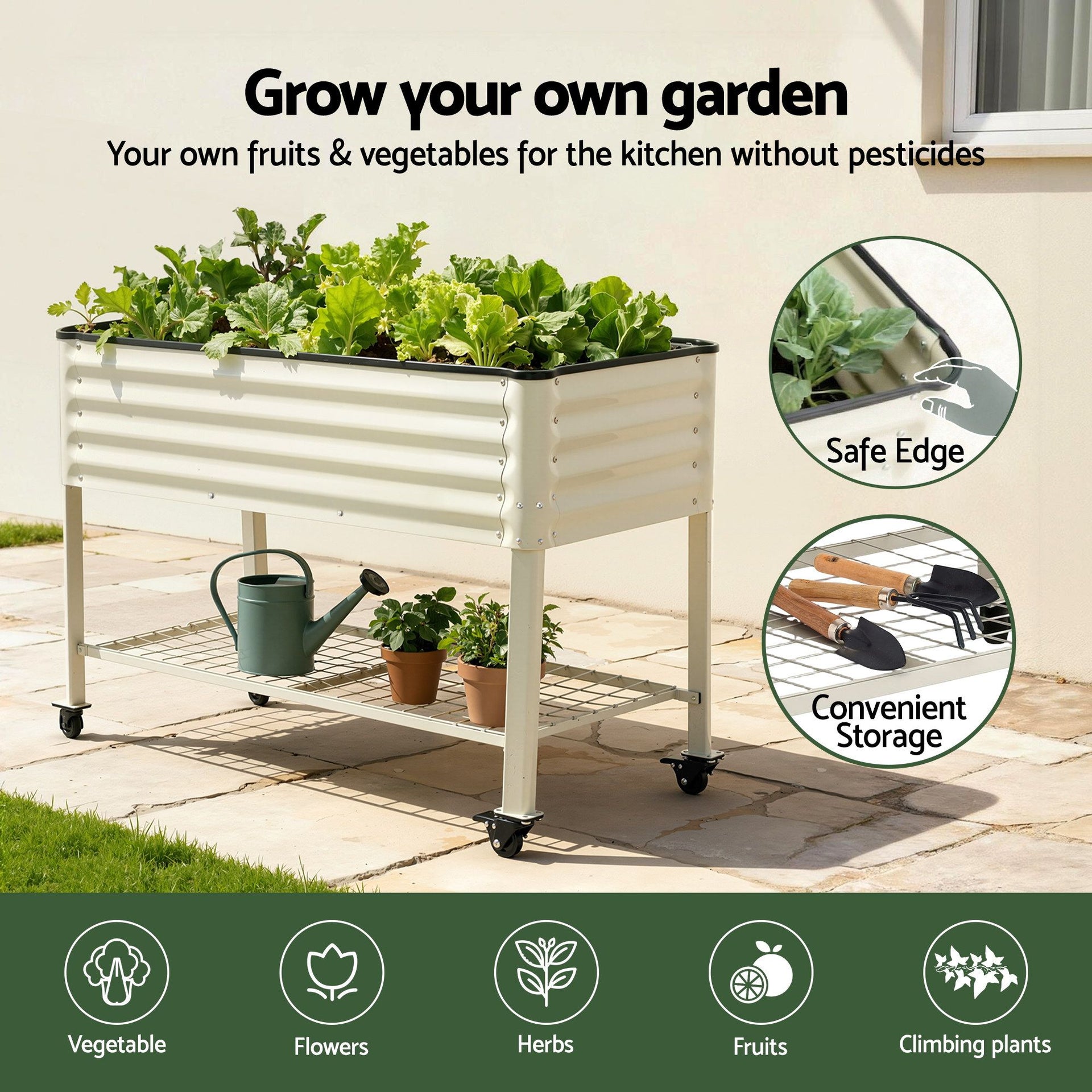 Green Fingers Mobile Raised Garden Bed With Wheels Storage Shelf 81cm Height for Vegetables Herb White Awezingly