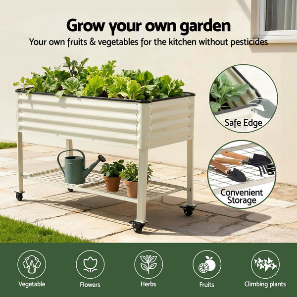 Green Fingers Mobile Raised Garden Bed With Wheels Storage Shelf 81cm Height for Vegetables Herb White Awezingly