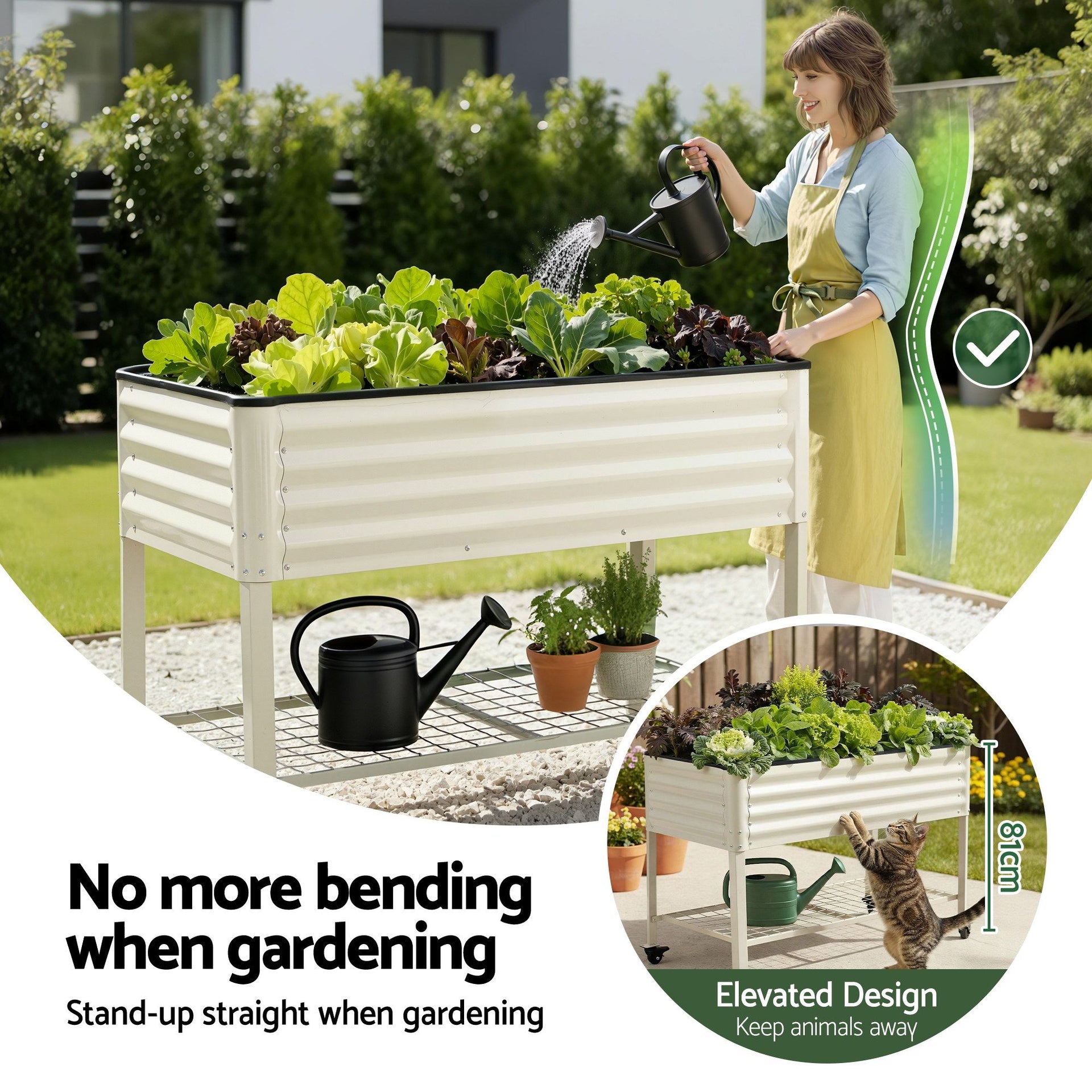 Green Fingers Mobile Raised Garden Bed With Wheels Storage Shelf 81cm Height for Vegetables Herb White Awezingly