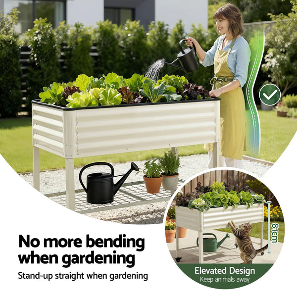 Green Fingers Mobile Raised Garden Bed With Wheels Storage Shelf 81cm Height for Vegetables Herb White Awezingly