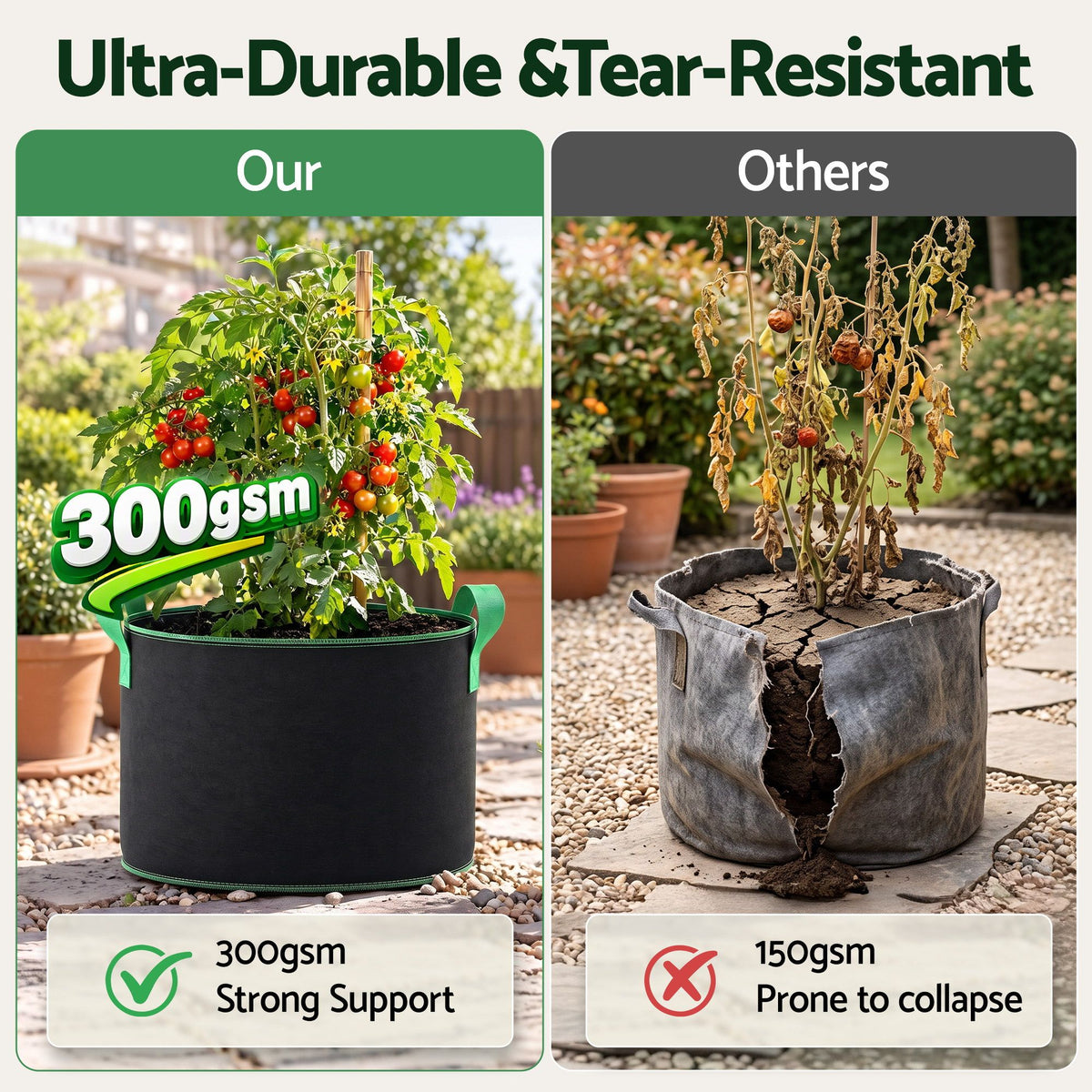 Green Fingers 15 Gallon Grow Bags 300gsm thick Aeration Fabric Pots 10 Pack Awezingly