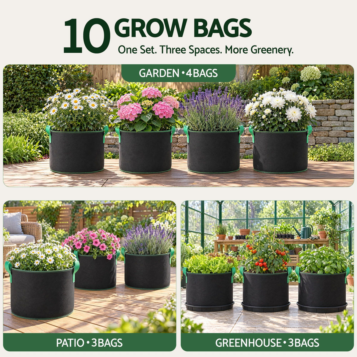 Green Fingers 15 Gallon Grow Bags 300gsm thick Aeration Fabric Pots 10 Pack Awezingly