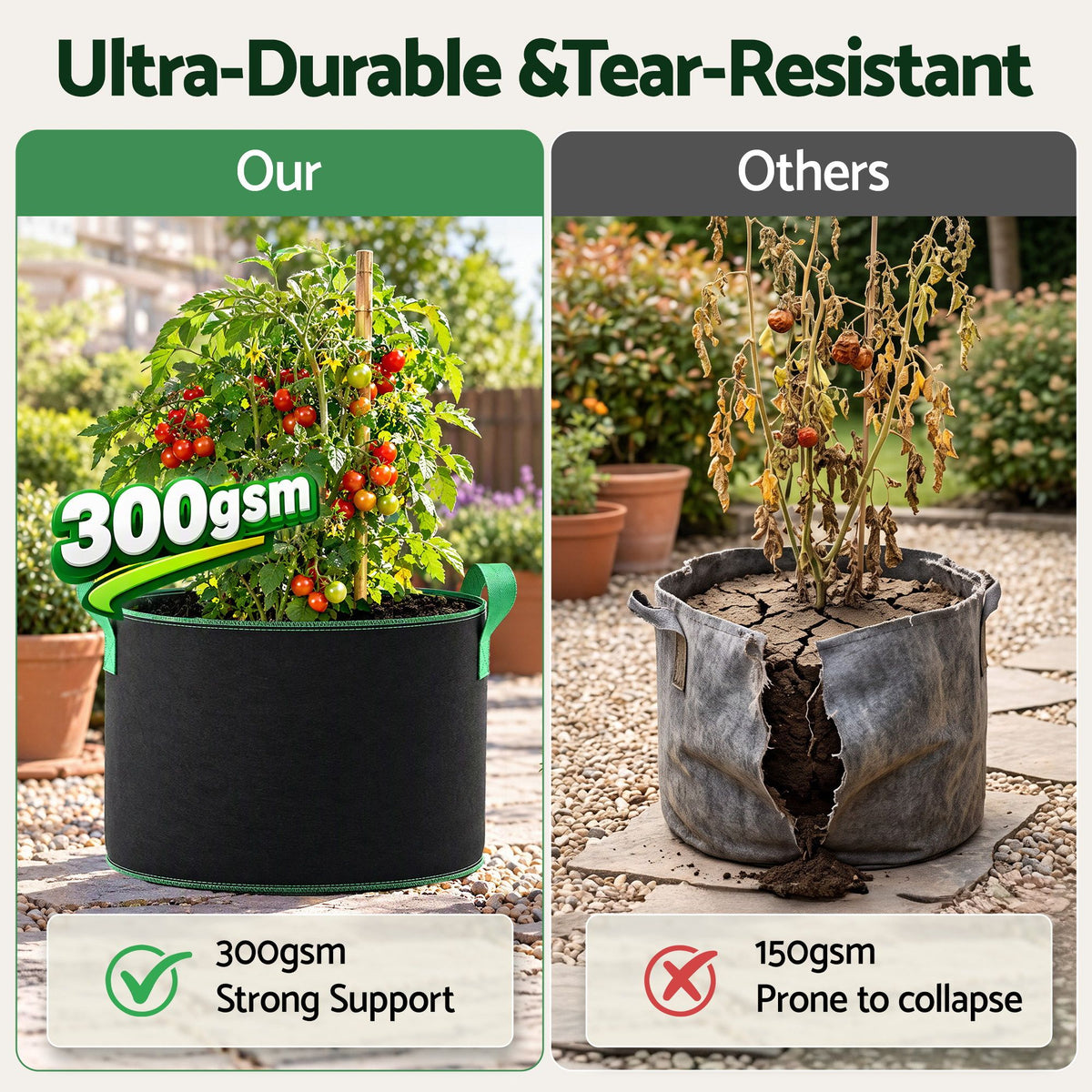 Green Fingers 20 Gallon Grow Bags 300gsm thick Aeration Fabric Pots 10 Pack Awezingly