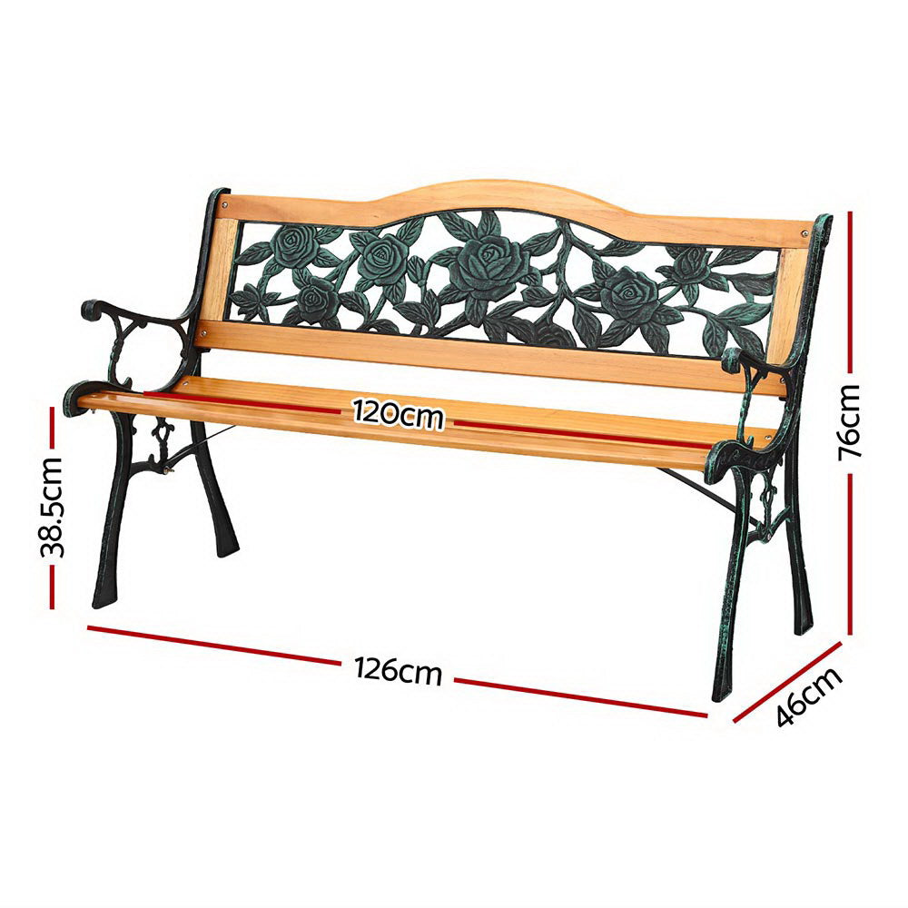 Gardeon Outdoor Garden Bench Seat 126cm Wooden Cast Iron 3 Seater Patio Furniture Gardeon