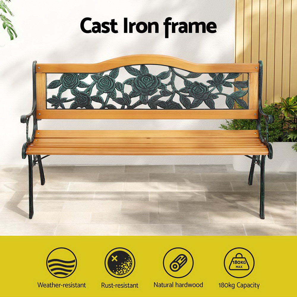 Gardeon Outdoor Garden Bench Seat 126cm Wooden Cast Iron 3 Seater Patio Furniture Gardeon